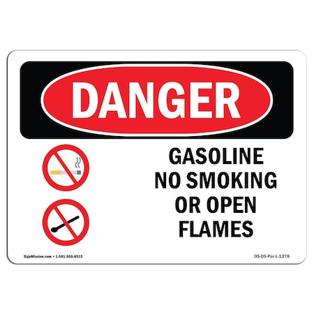 OSHA Danger Sign, Gasoline No Smoking Or Open Flames, 5in X 3.5in Decal